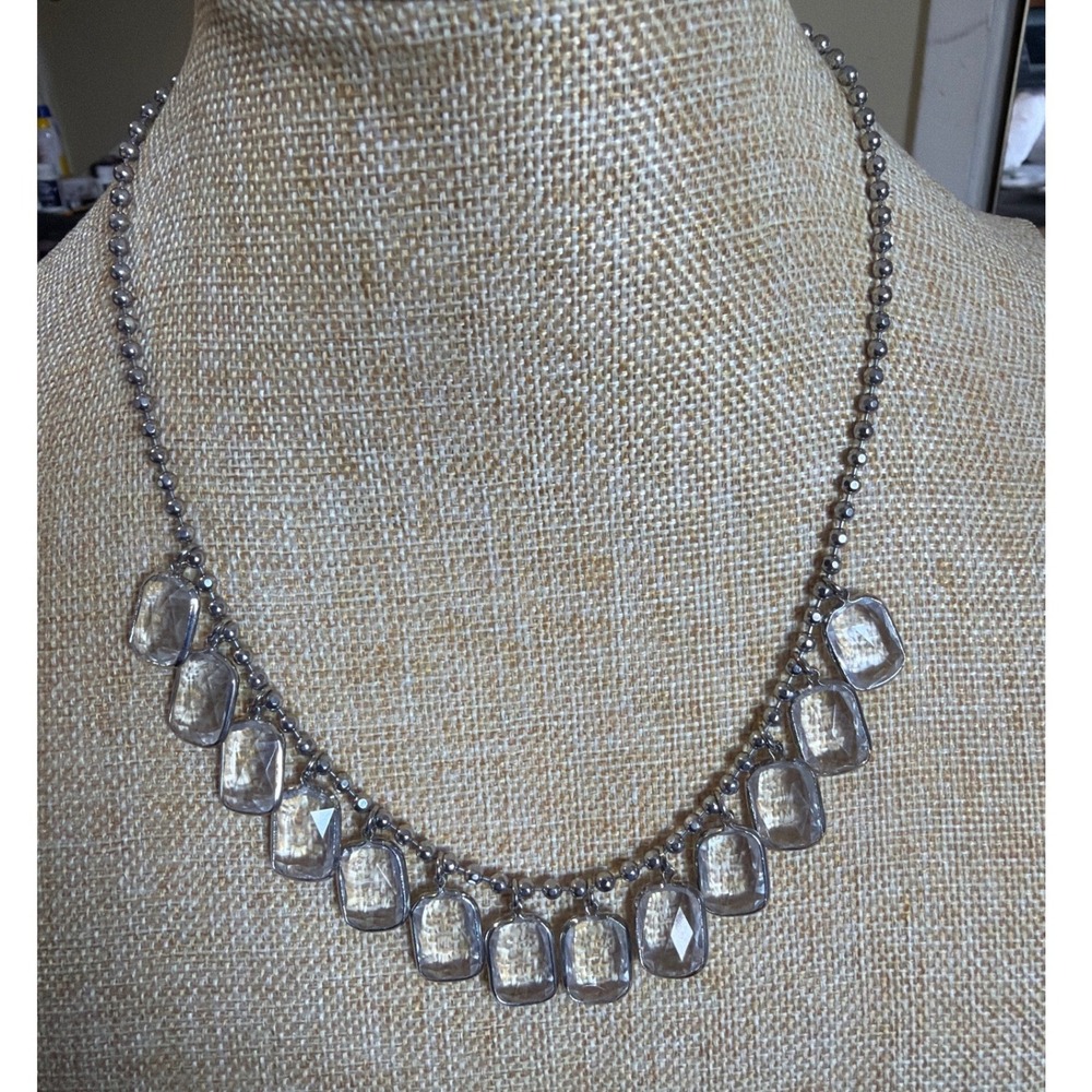 Lia Sophia Silver Tone Clear Faceted Crystal Bib Ball Chain Necklace Unique Gift